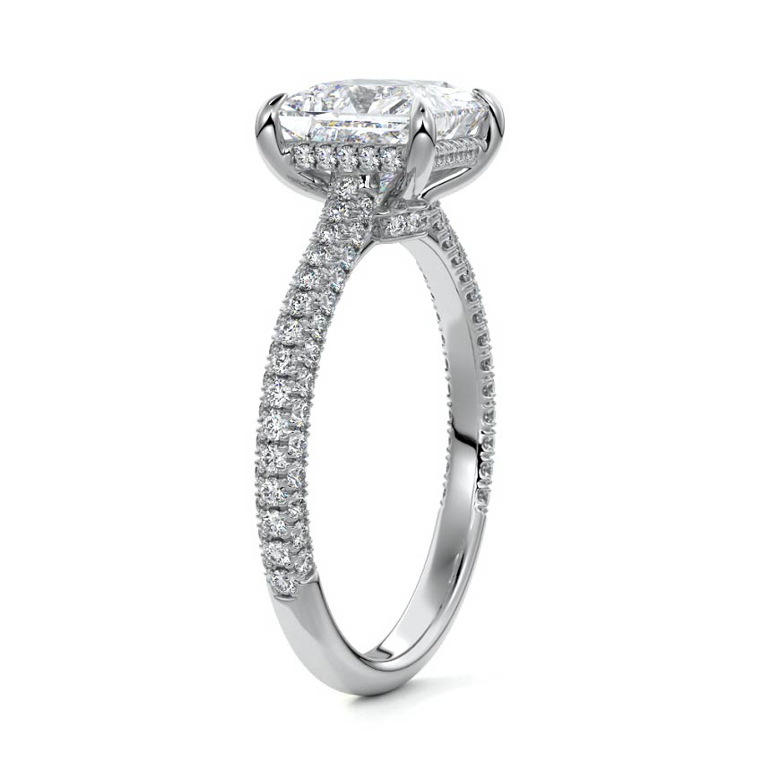 Platinum Princess Diamond Engagement Ring with Hidden Halo and Pave Band