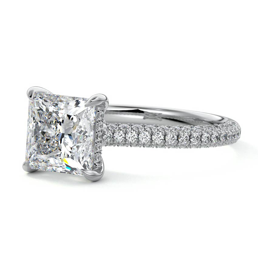 Platinum Princess Diamond Engagement Ring with Hidden Halo and Pave Band