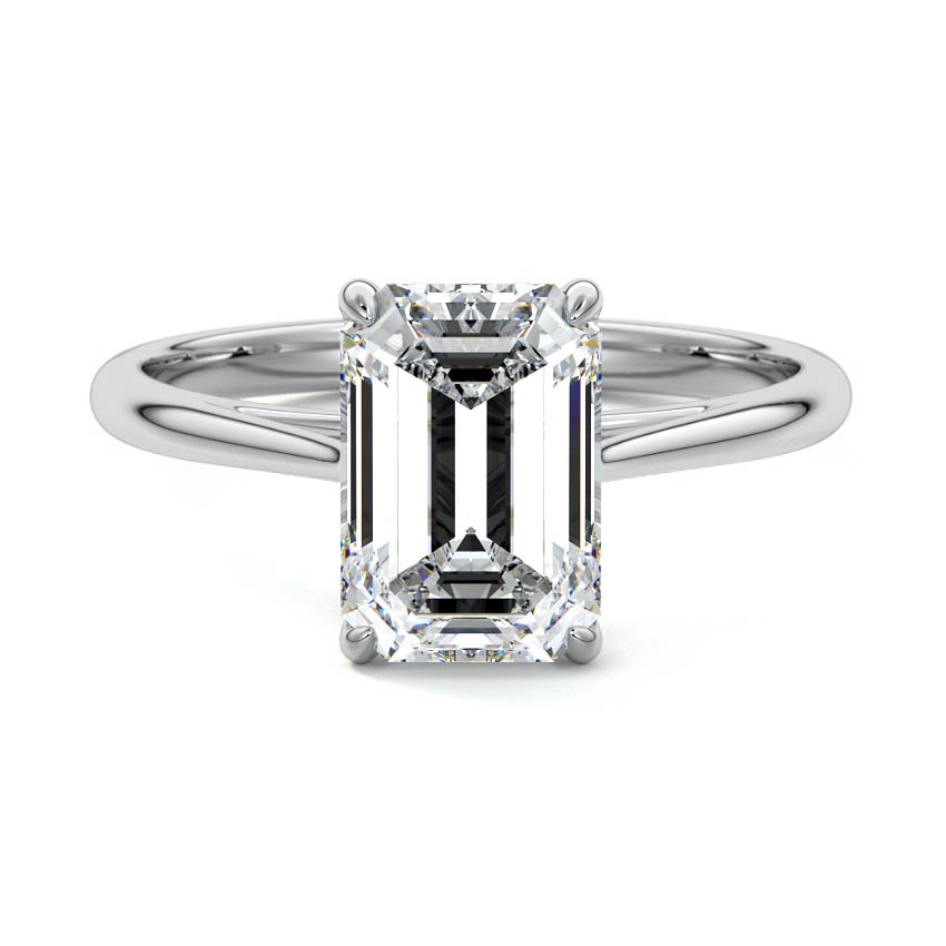 Silver Emerald Diamond Solitaire Engagement Ring with Cathedral Setting