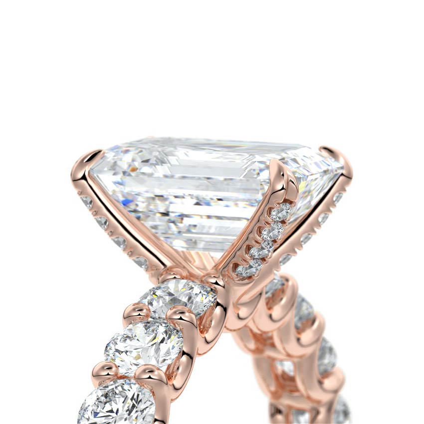 Rose gold Emerald Diamond Engagement Ring with Prong Setting and Pave Band
