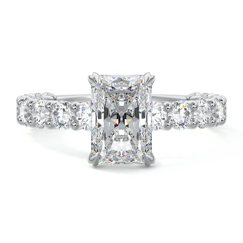 White gold Radiant Diamond Engagement Ring with Prong Setting and Pave Band
