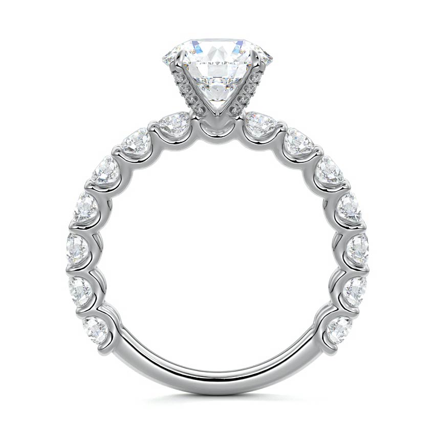 Platinum Round Diamond Engagement Ring with Prong Setting and Pave Band