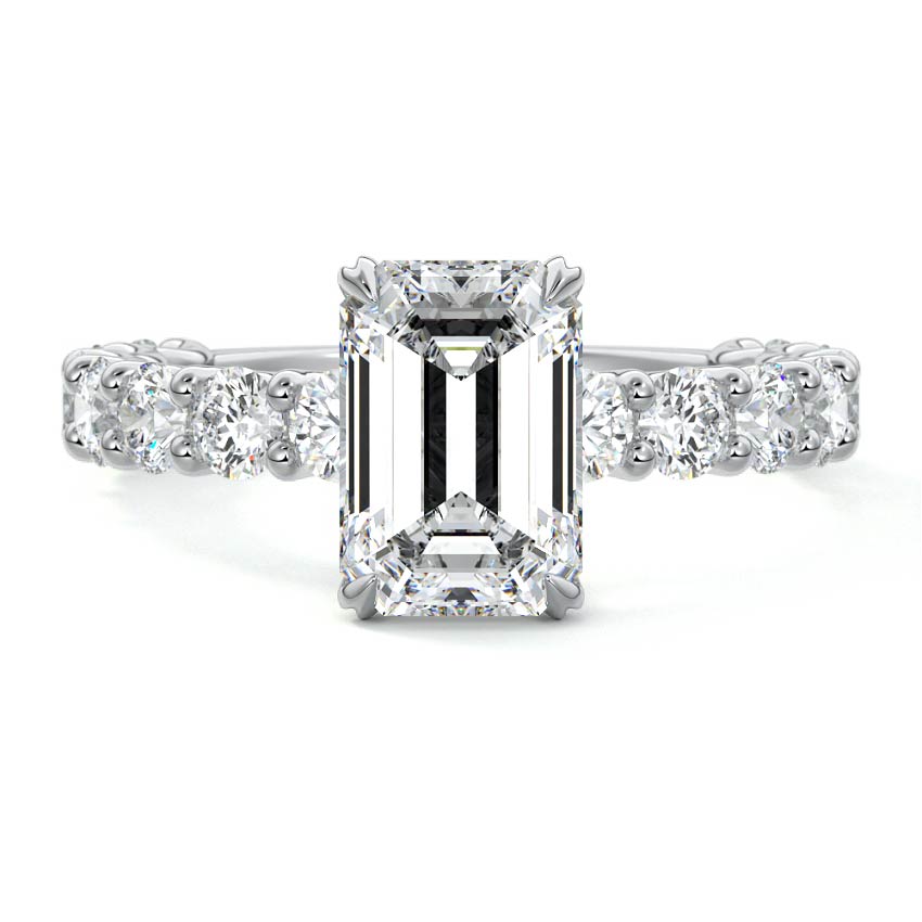 Platinum Emerald Diamond Engagement Ring with Prong Setting and Pave Band