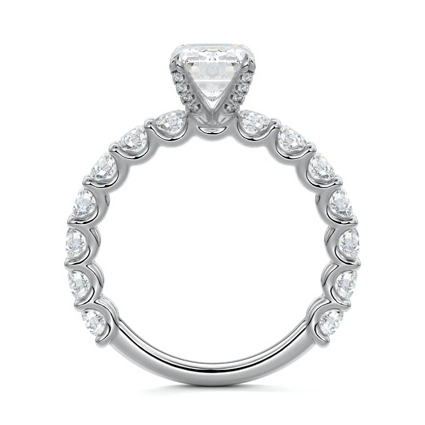Platinum Emerald Diamond Engagement Ring with Prong Setting and Pave Band