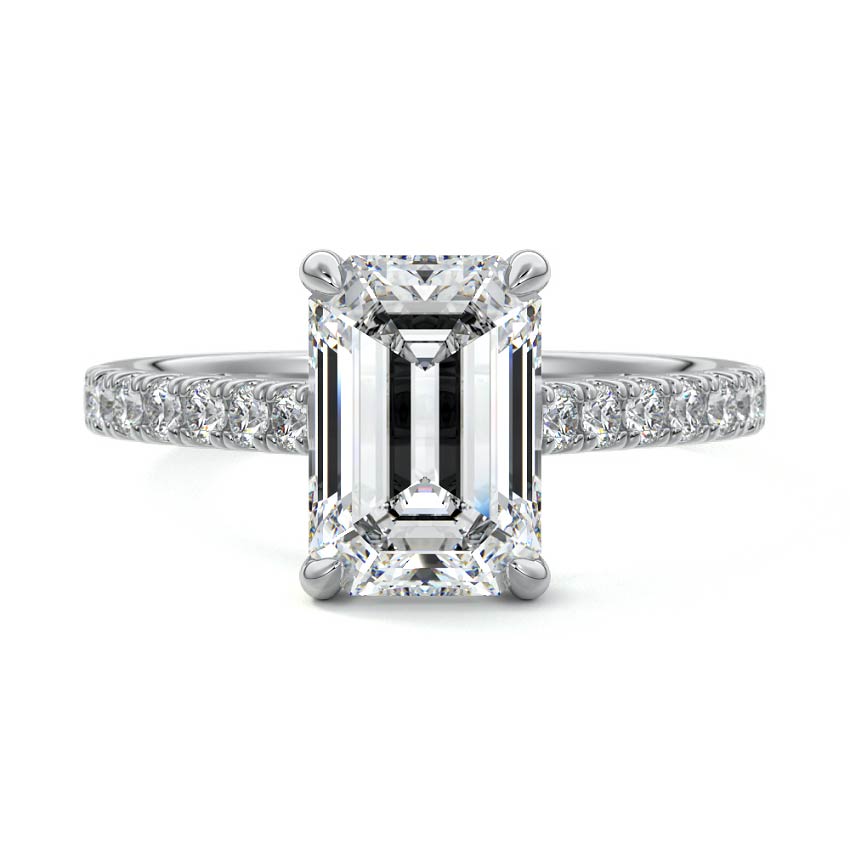 White gold Emerald Diamond Engagement Ring with Pavé Band and Prong Setting
