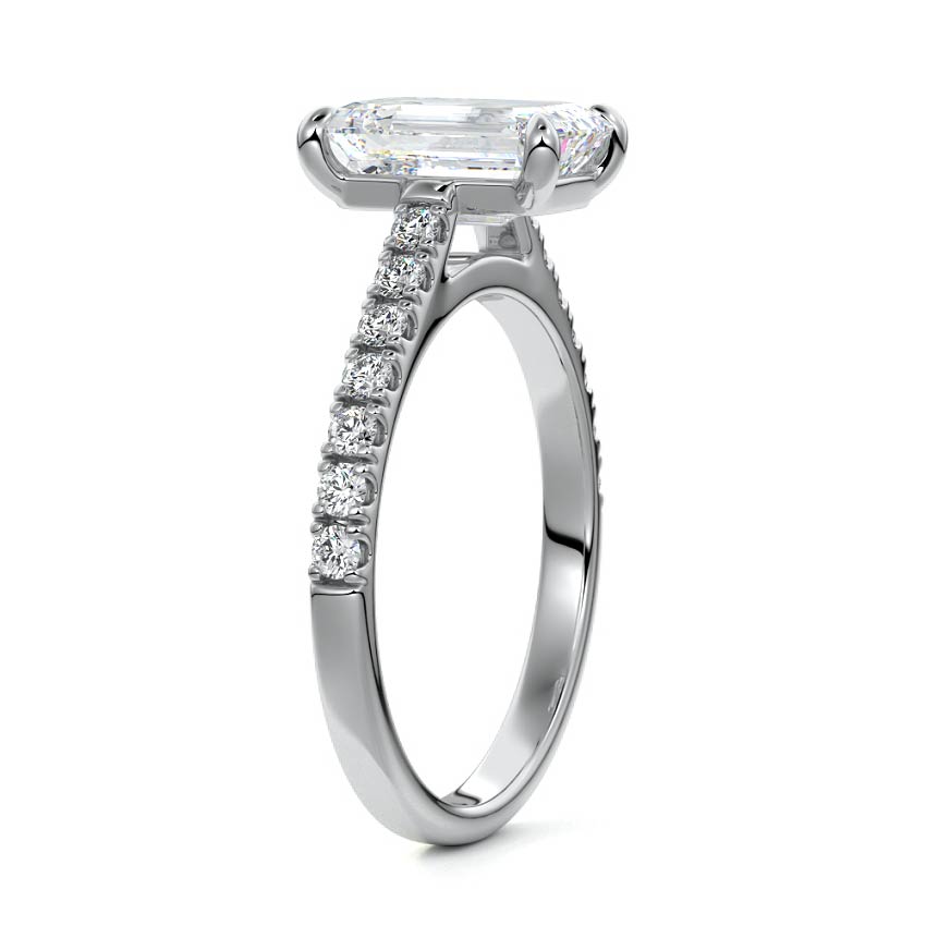 White gold Emerald Diamond Engagement Ring with Pavé Band and Prong Setting