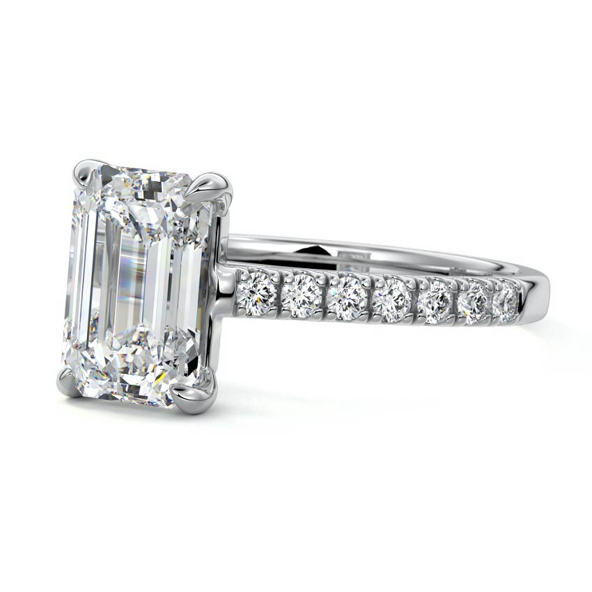 White gold Emerald Diamond Engagement Ring with Pavé Band and Prong Setting