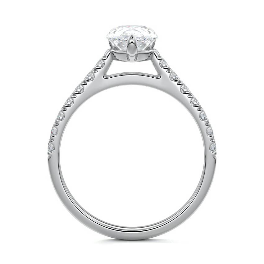 Silver Pear Diamond Engagement Ring with Pavé Band and Prong Setting