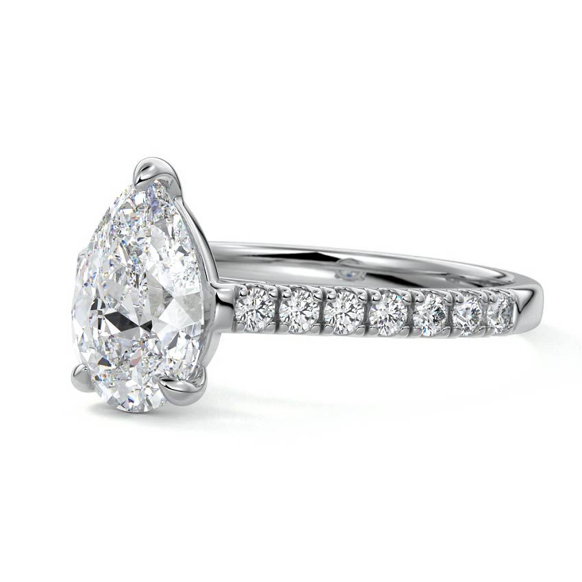 Silver Pear Diamond Engagement Ring with Pavé Band and Prong Setting