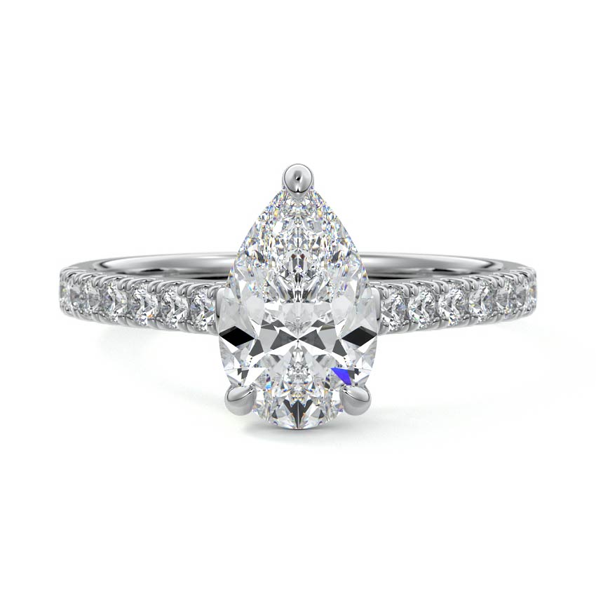 Silver Pear Diamond Engagement Ring with Pavé Band and Prong Setting