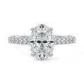 Silver Oval Diamond Engagement Ring with Pavé Band and Prong Setting