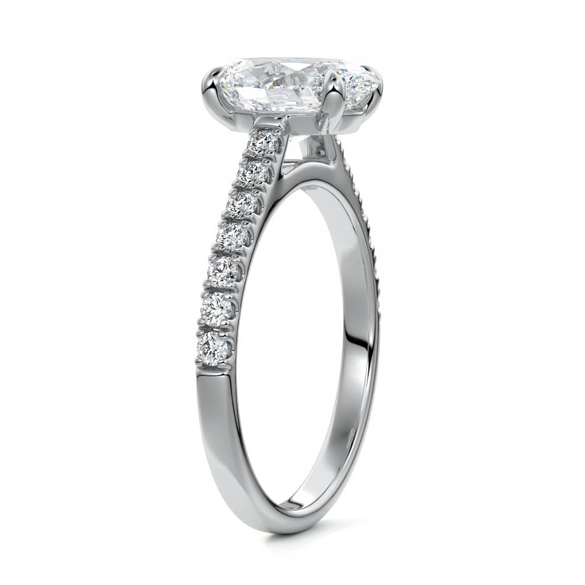 Silver Oval Diamond Engagement Ring with Pavé Band and Prong Setting