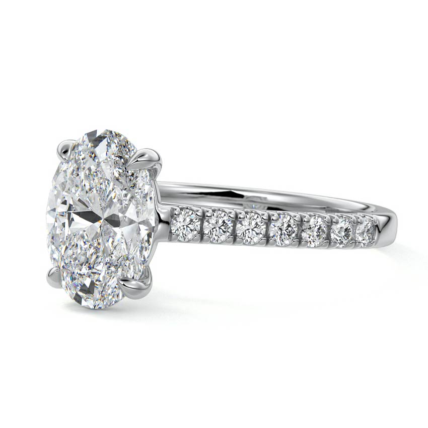 Silver Oval Diamond Engagement Ring with Pavé Band and Prong Setting