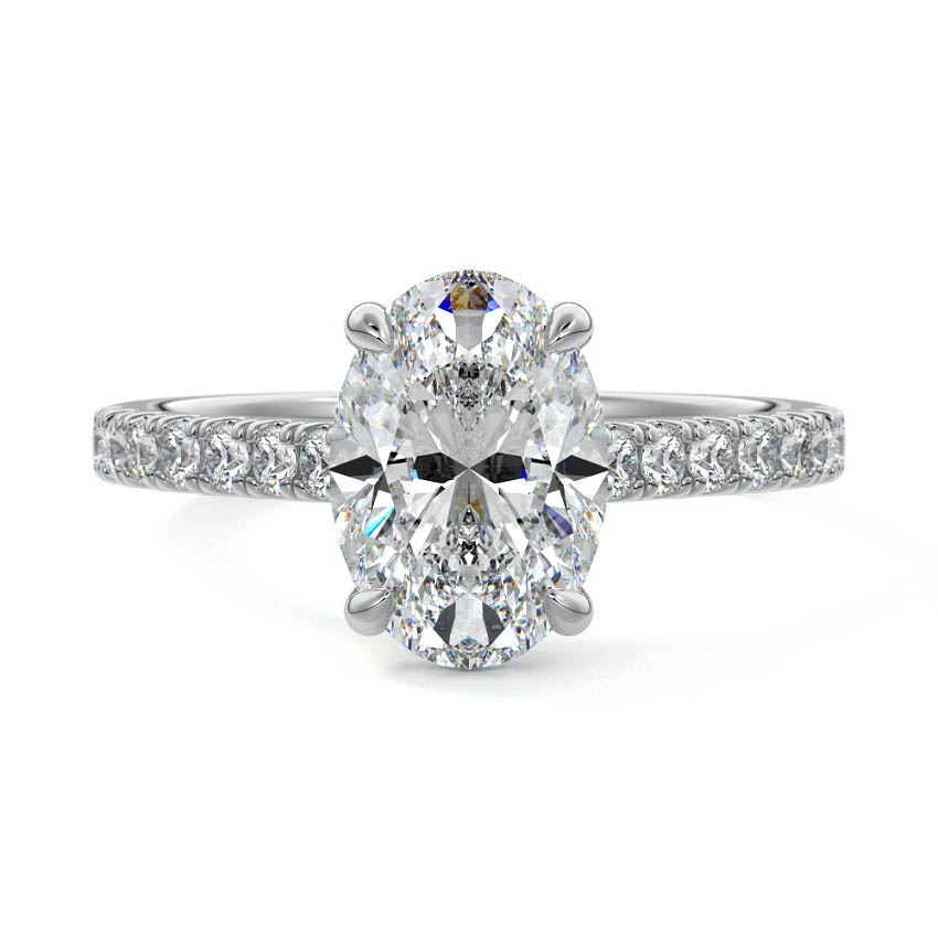 Silver Oval Diamond Engagement Ring with Pavé Band and Prong Setting