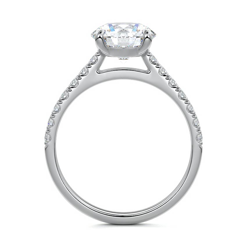 Platinum Round Diamond Engagement Ring with Pavé Band and Prong Setting