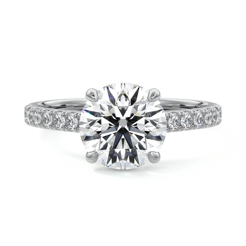 Platinum Round Diamond Engagement Ring with Pavé Band and Prong Setting