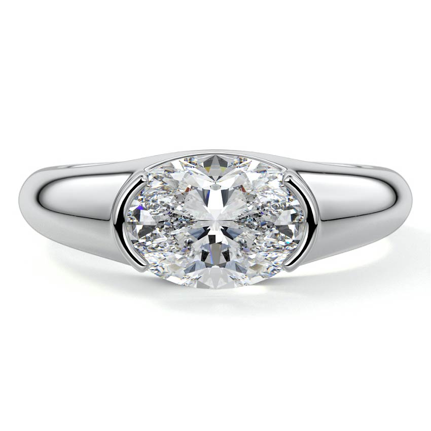 Silver Oval Diamond Solitaire Engagement Ring with Bezel-Inspired Setting