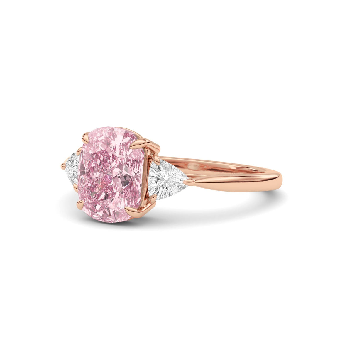 Rose gold Three-Stone Fancy Pink Cushion Cut Diamond Ring with Trillion Side Stones