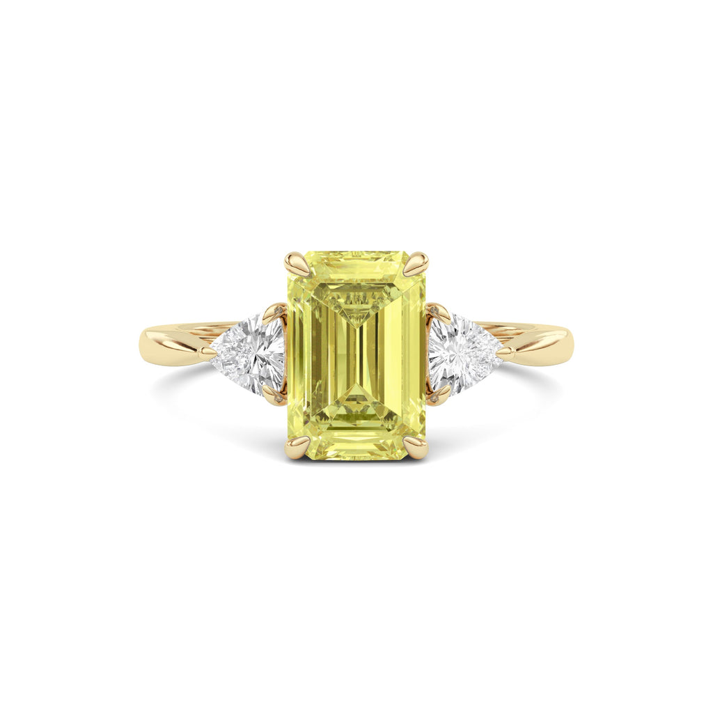 Yellow gold Three-Stone Fancy Yellow Emerald Cut Diamond Ring with Trillion Side Stones