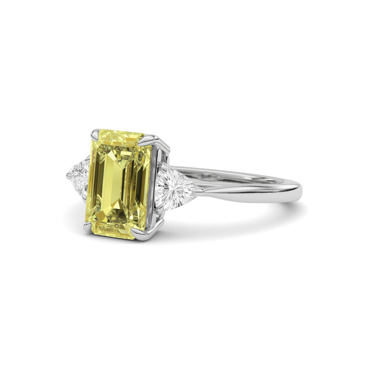 Yellow gold Three-Stone Fancy Yellow Emerald Cut Diamond Ring with Trillion Side Stones