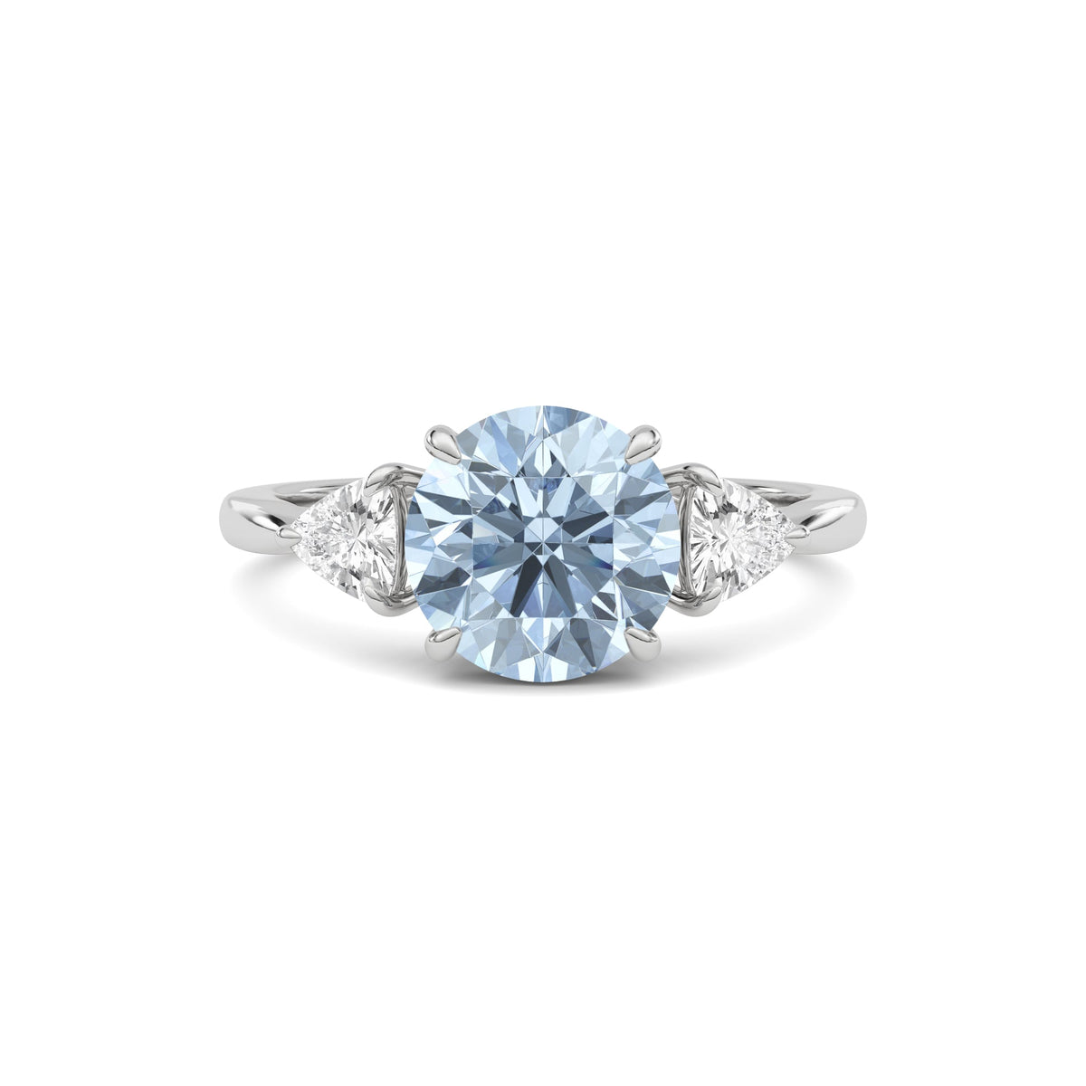 White gold Three-Stone Fancy Blue Round Cut Diamond Ring with Trillion Side Stones