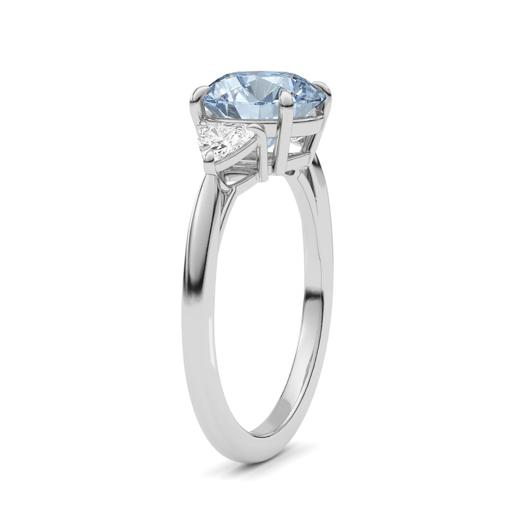 White gold Three-Stone Fancy Blue Round Cut Diamond Ring with Trillion Side Stones