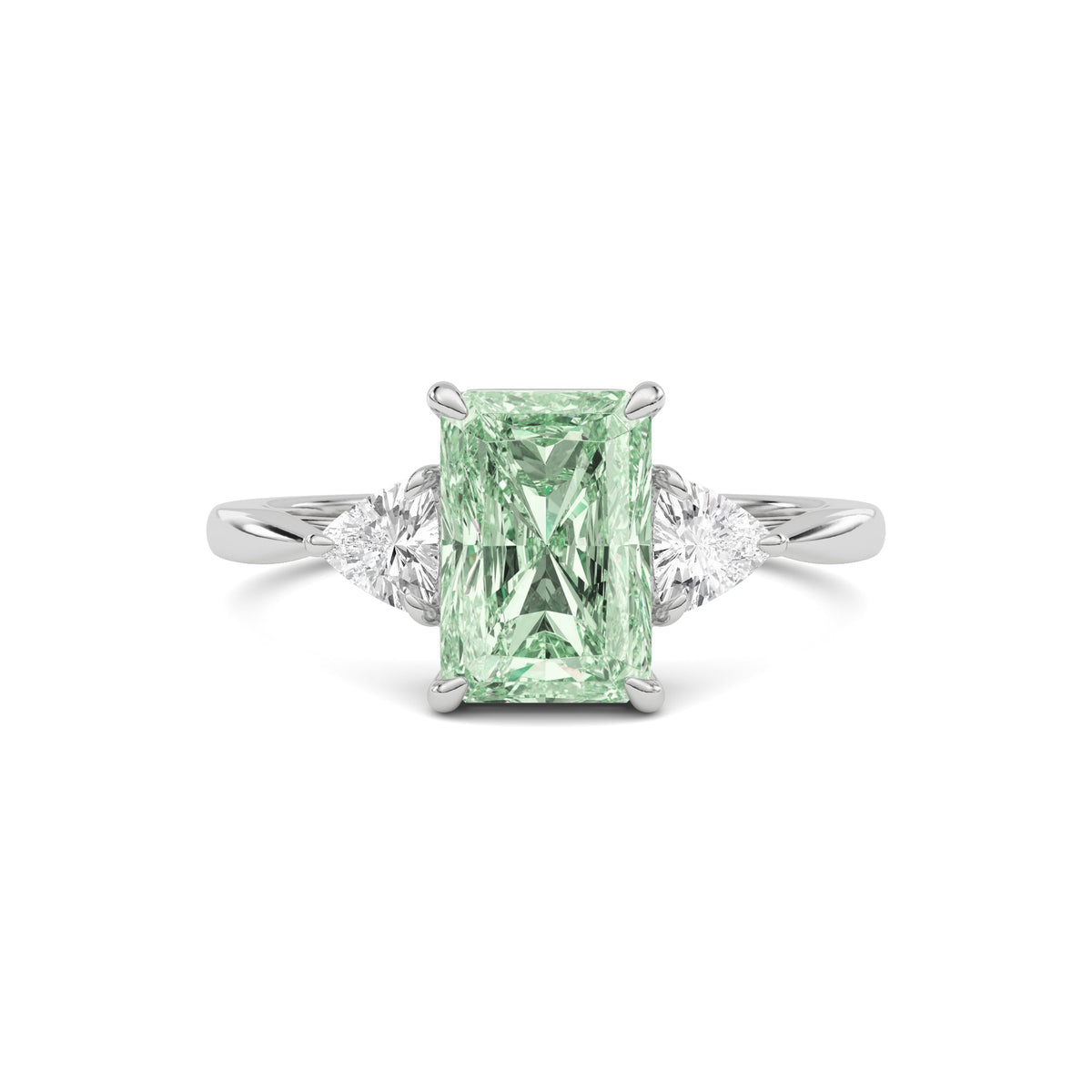 White gold Three-Stone Fancy Green Radiant Cut Diamond Ring with Trillion Side Stones