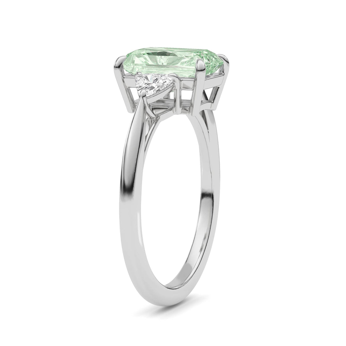 White gold Three-Stone Fancy Green Radiant Cut Diamond Ring with Trillion Side Stones