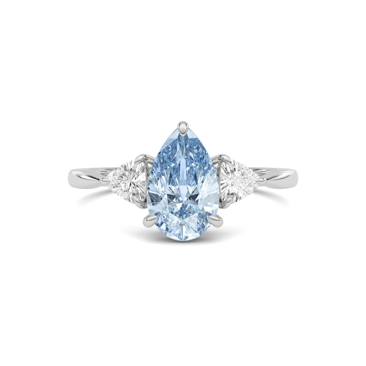 White gold Three-Stone Fancy Blue Pear Cut Diamond Ring with Trillion Side Stones