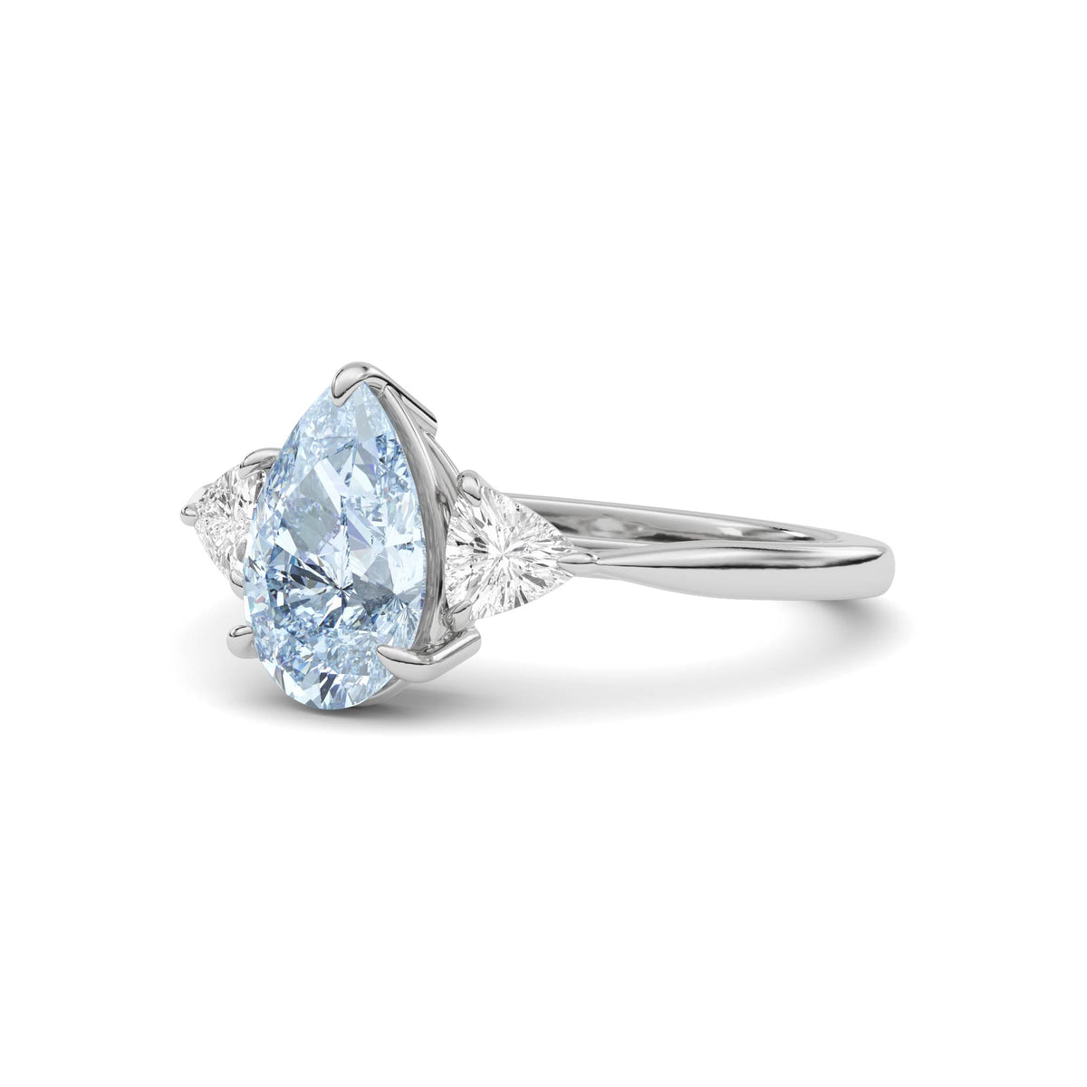 White gold Three-Stone Fancy Blue Pear Cut Diamond Ring with Trillion Side Stones