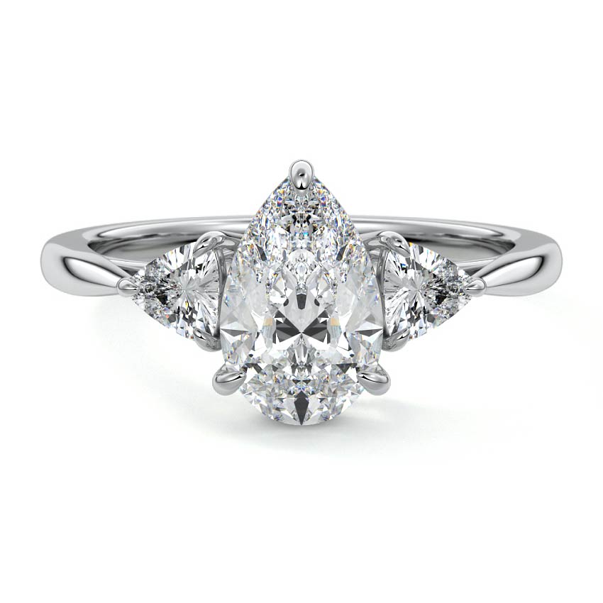 White gold Three-Stone Pear Diamond Ring with Trillion Side Stones