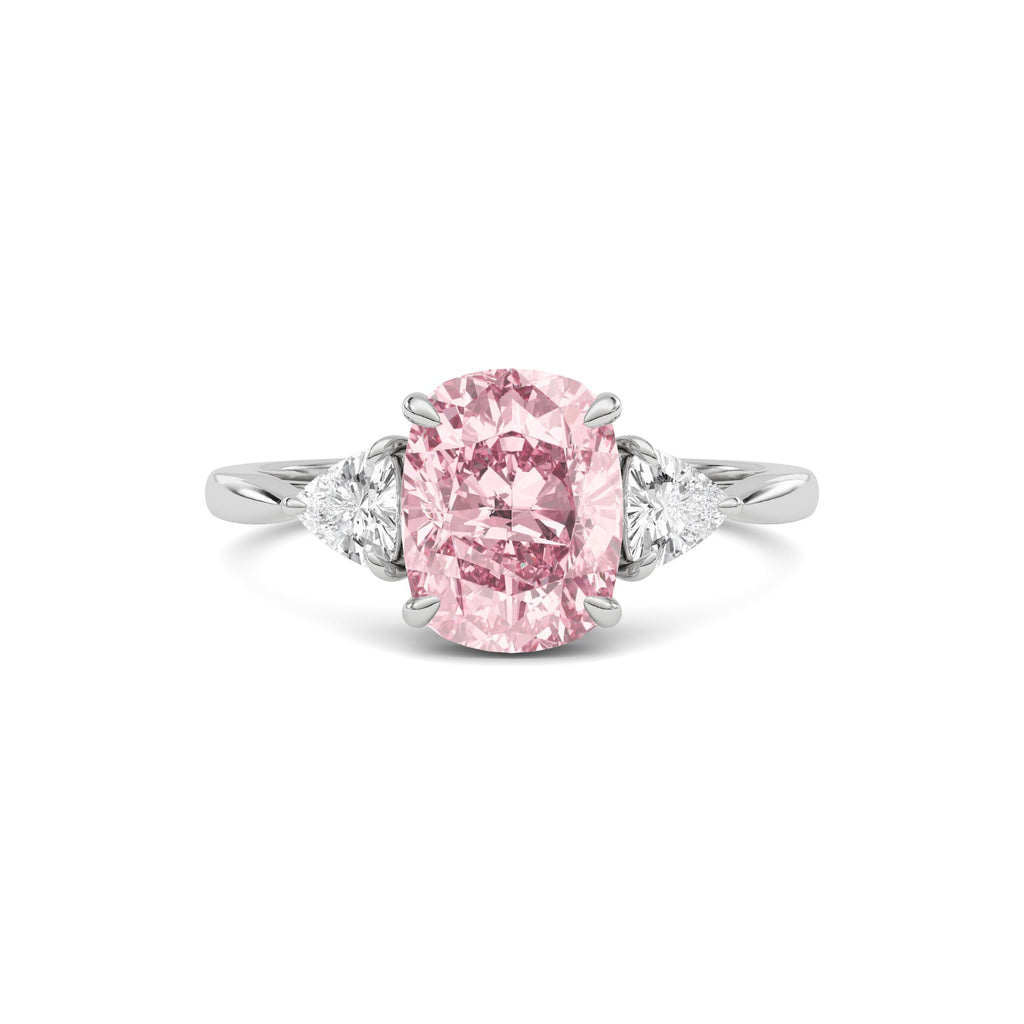 White gold Three-Stone Fancy Pink Cushion Cut Diamond Ring with Trillion Side Stones