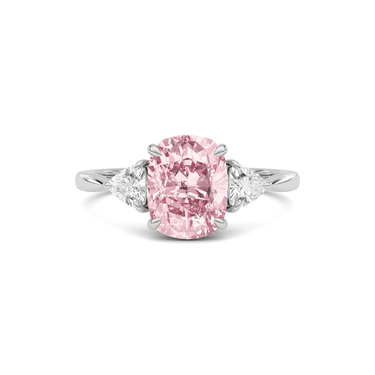 White gold Three-Stone Fancy Pink Cushion Cut Diamond Ring with Trillion Side Stones