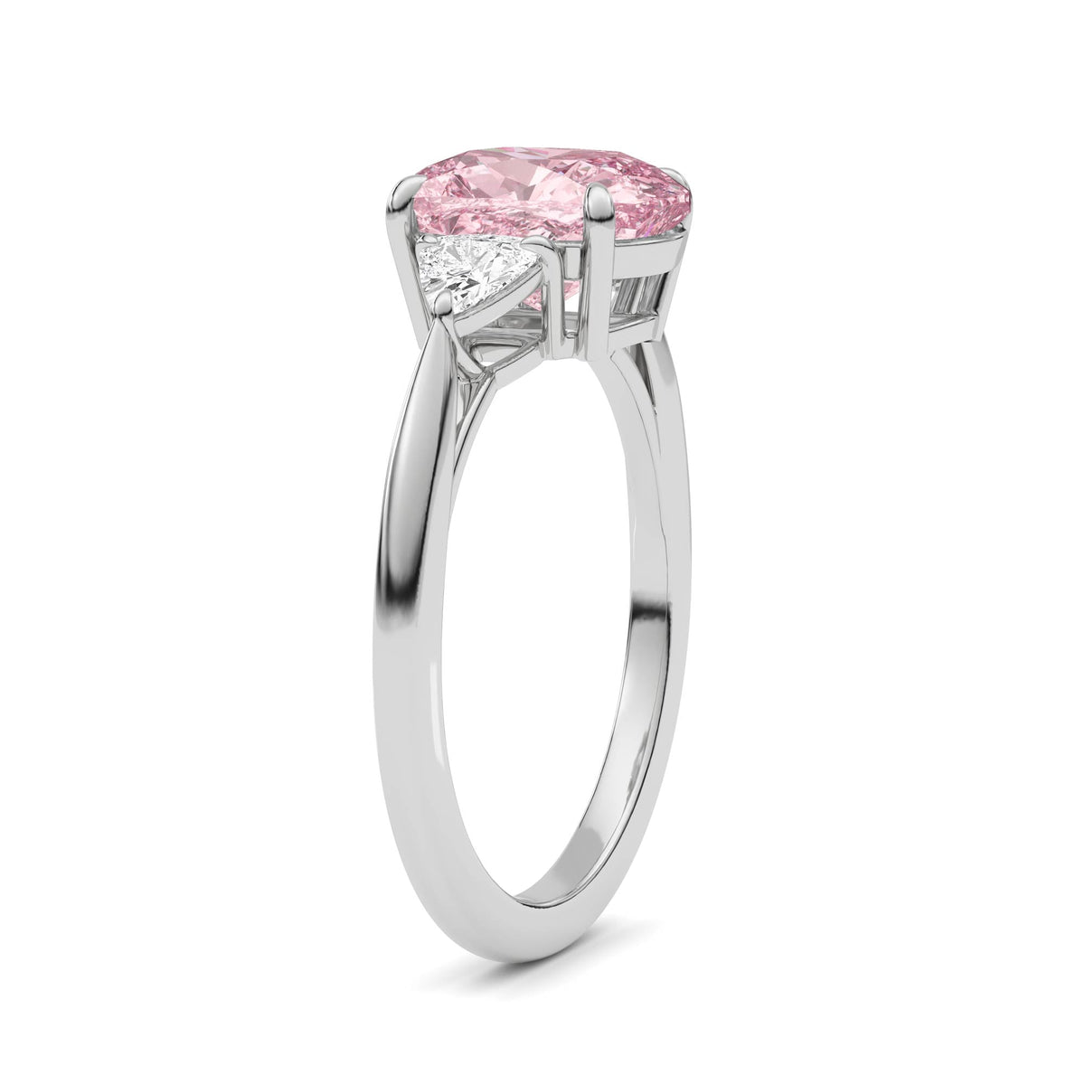 White gold Three-Stone Fancy Pink Cushion Cut Diamond Ring with Trillion Side Stones