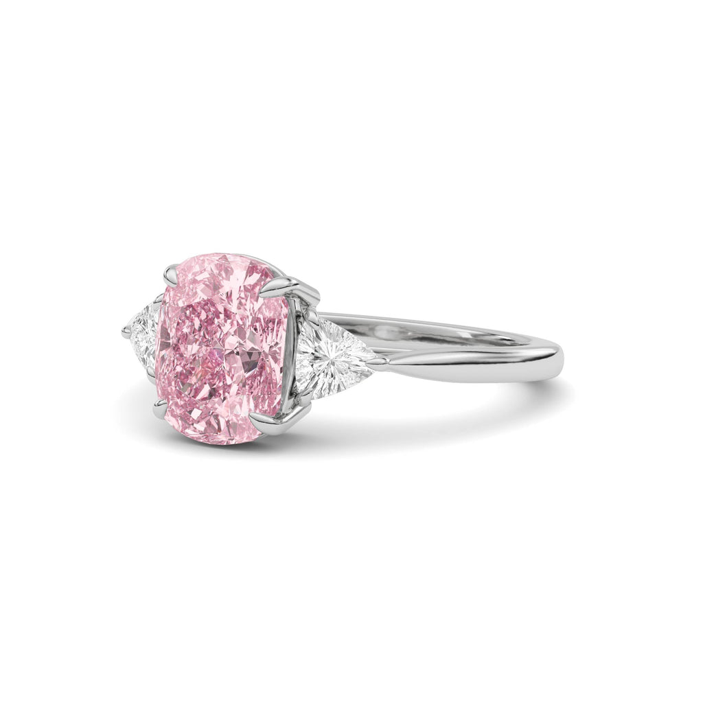 White gold Three-Stone Fancy Pink Cushion Cut Diamond Ring with Trillion Side Stones