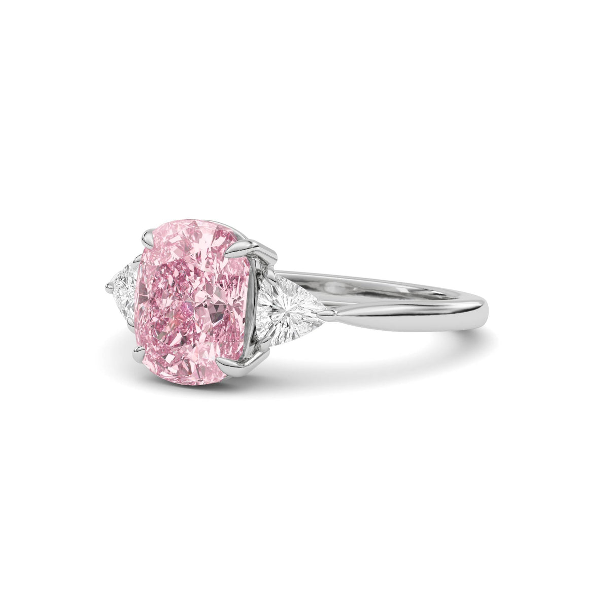 White gold Three-Stone Fancy Pink Cushion Cut Diamond Ring with Trillion Side Stones