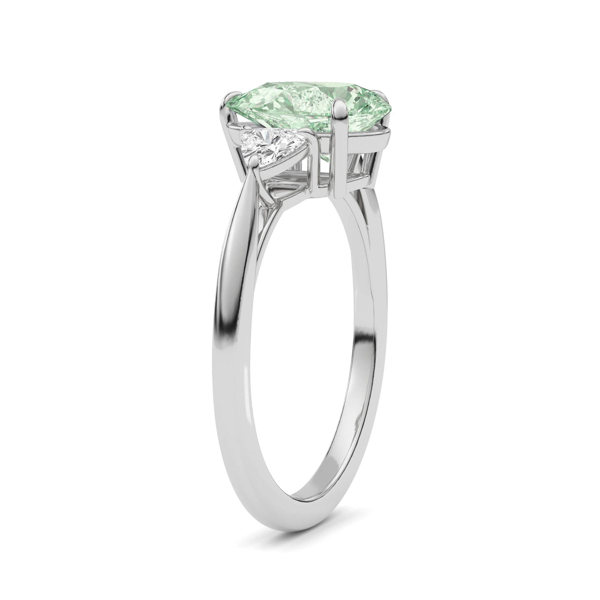 Silver Three-Stone Fancy Green Pear Cut Diamond Ring with Trillion Side Stones