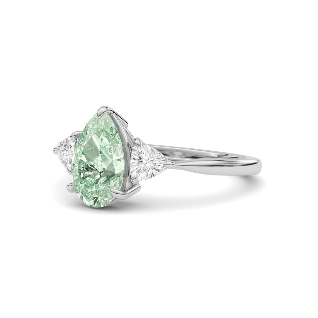 Silver Three-Stone Fancy Green Pear Cut Diamond Ring with Trillion Side Stones