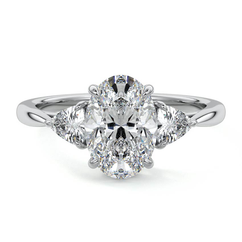 Silver Three-Stone Oval Diamond Ring with Trillion Side Stones