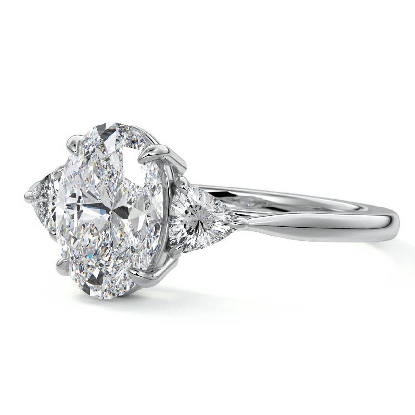Silver Three-Stone Oval Diamond Ring with Trillion Side Stones