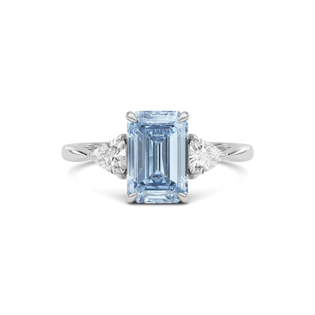 Platinum Three-Stone Fancy Blue Emerald Cut Diamond Ring with Trillion Side Stones