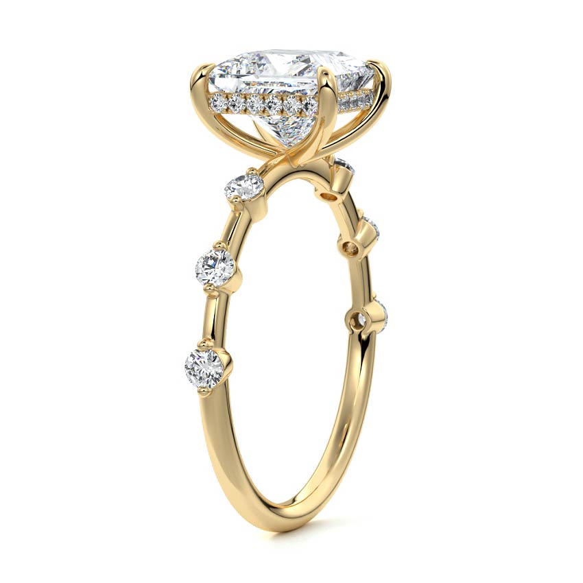 Yellow gold Princess Diamond Engagement Ring with Prong Setting and Hidden Halo