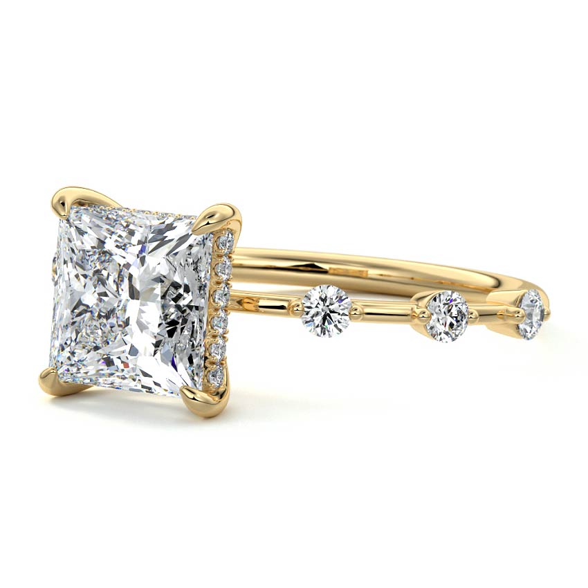 Yellow gold Princess Diamond Engagement Ring with Prong Setting and Hidden Halo