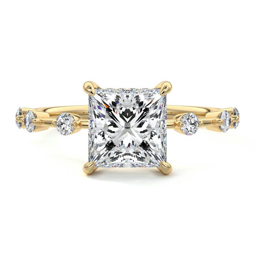 Yellow gold Princess Diamond Engagement Ring with Prong Setting and Hidden Halo