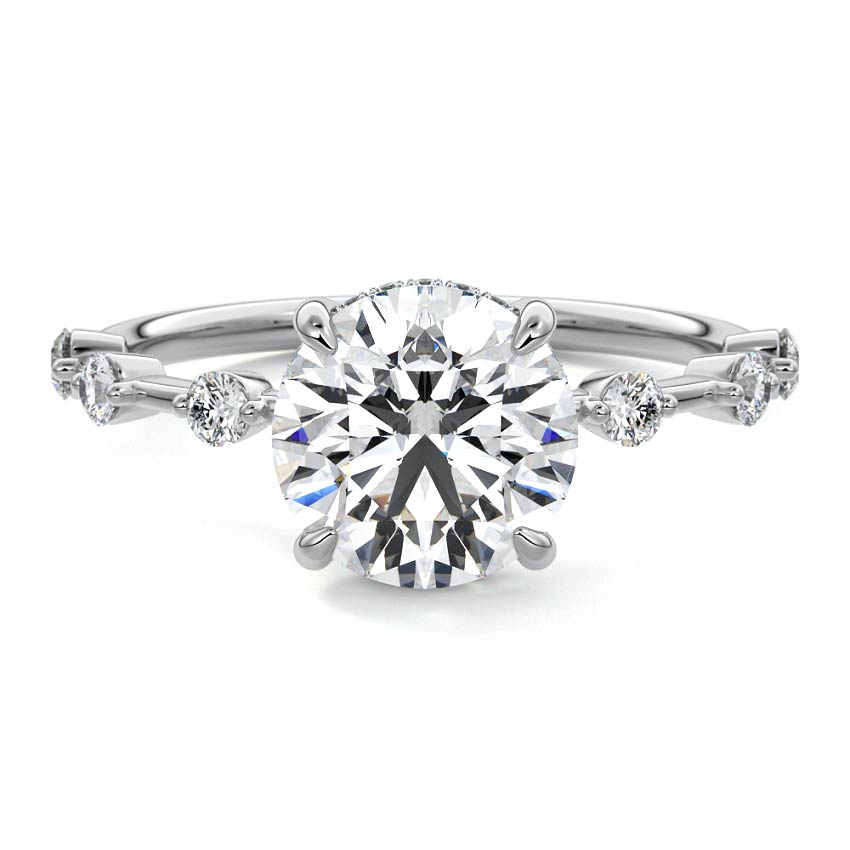 Platinum Round Diamond Engagement Ring with Prong Setting and Hidden Halo