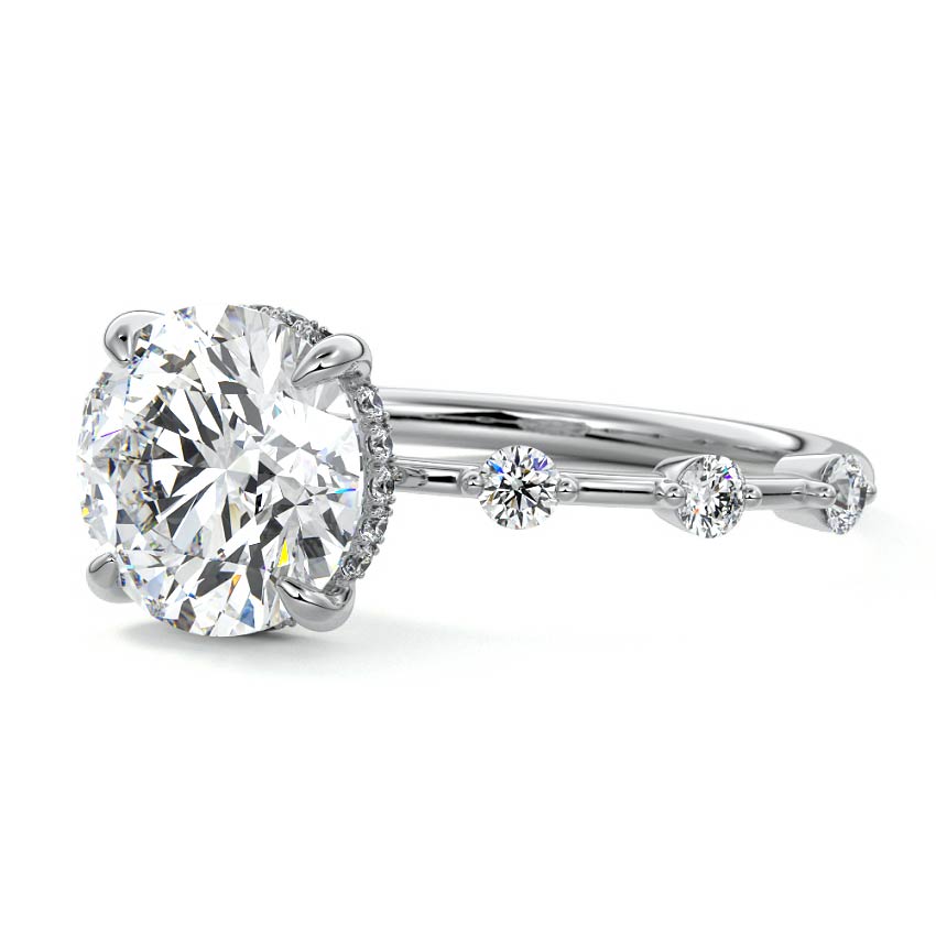 Platinum Round Diamond Engagement Ring with Prong Setting and Hidden Halo