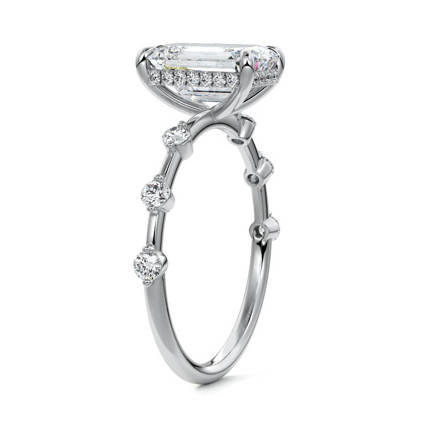 Platinum Emerald Diamond Engagement Ring with Prong Setting and Hidden Halo