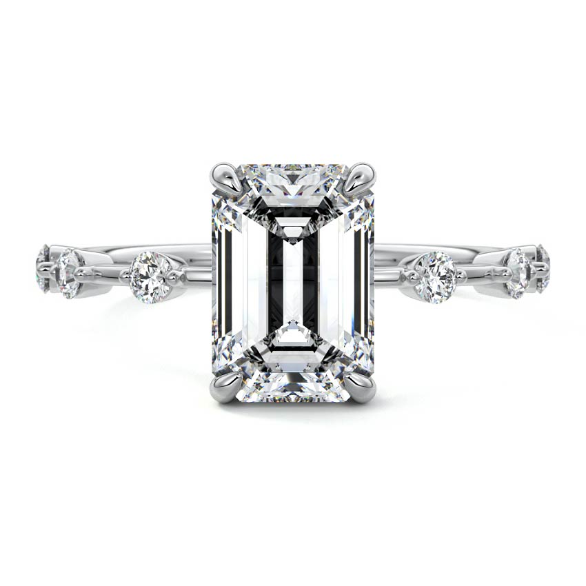 Platinum Emerald Diamond Engagement Ring with Prong Setting and Hidden Halo