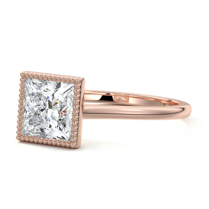 Rose gold Princess Diamond Solitaire Engagement Ring with Milgrain Bezel Setting