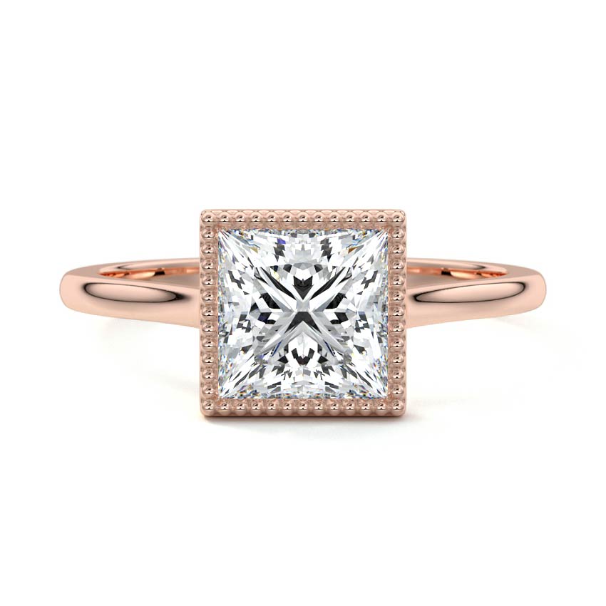 Rose gold Princess Diamond Solitaire Engagement Ring with Milgrain Bezel Setting
